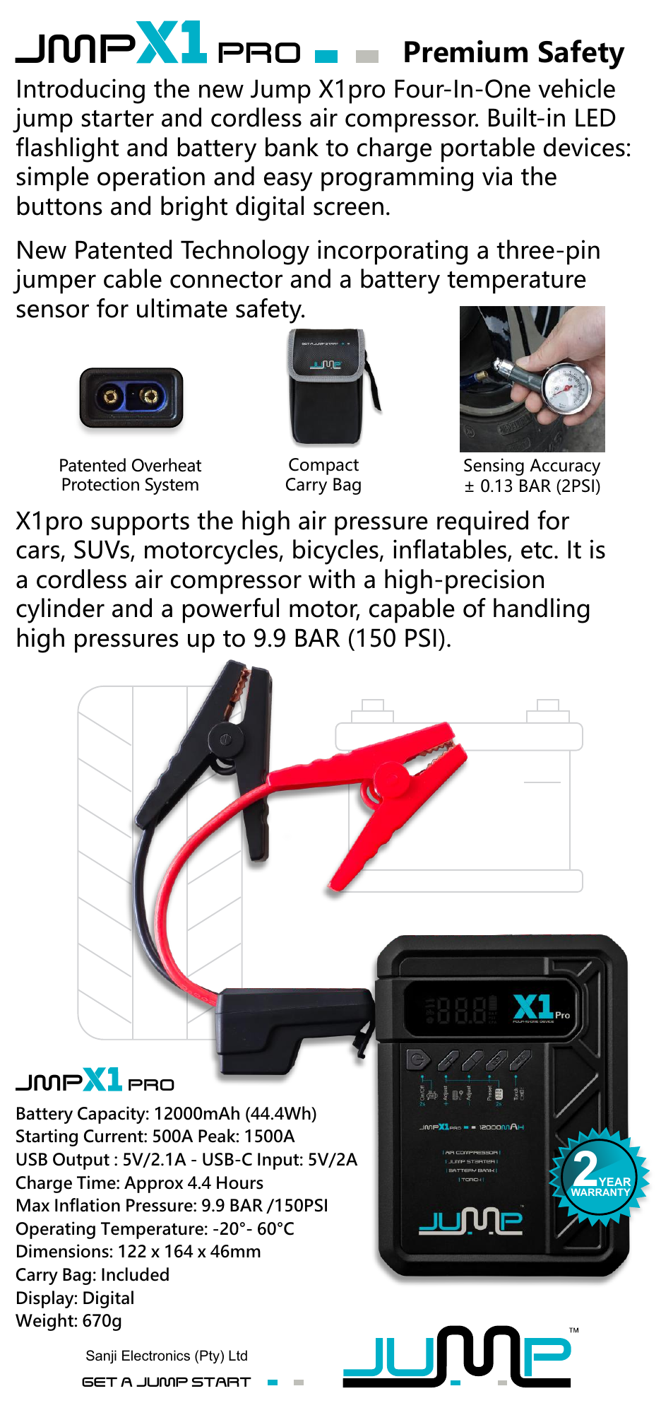 Jump X1 Pro specifications and two-year warranty overview
