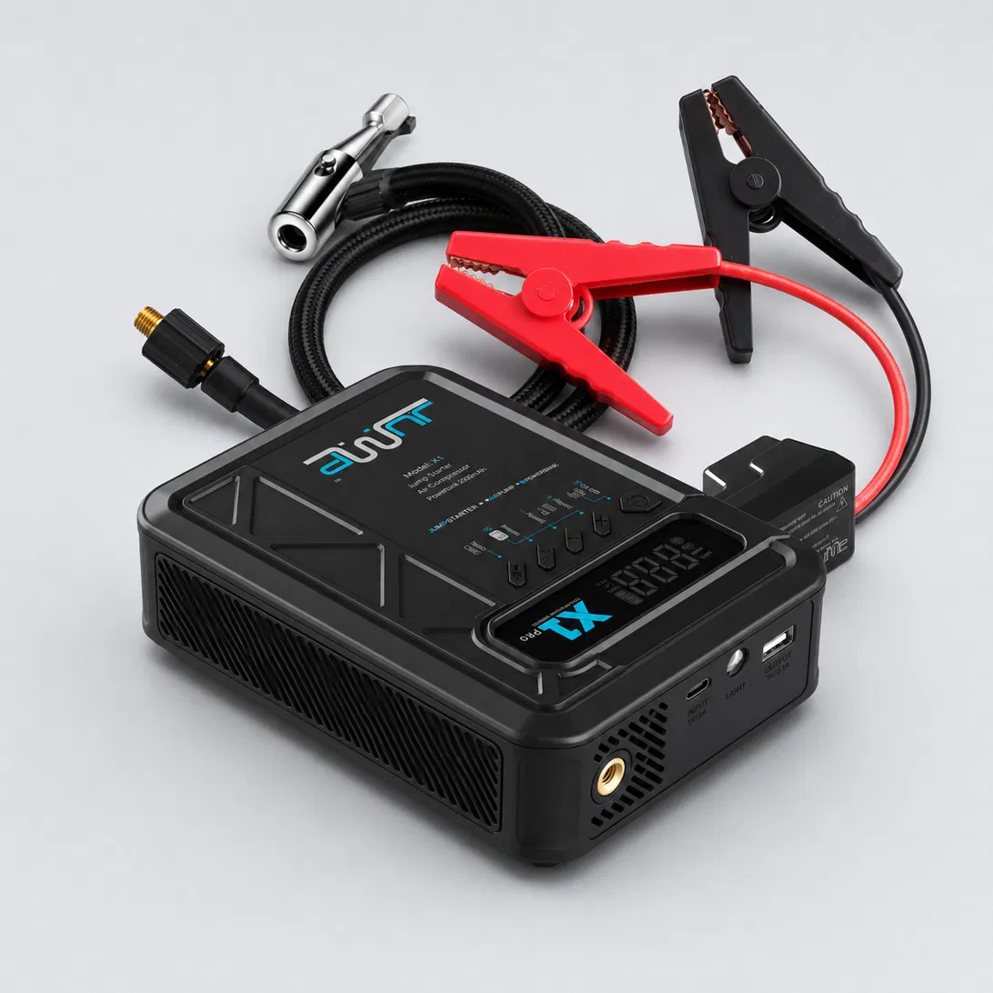 Jump X1 Pro unit with jumper clamps and inflation hose